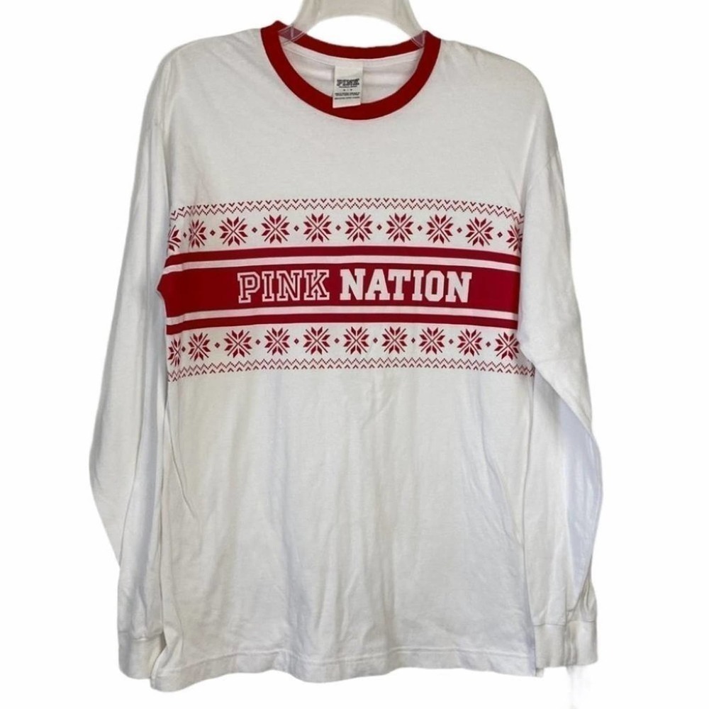 Pink Victoria's Secret Long Sleeve Shirt Holiday White Red Christmas Size Small